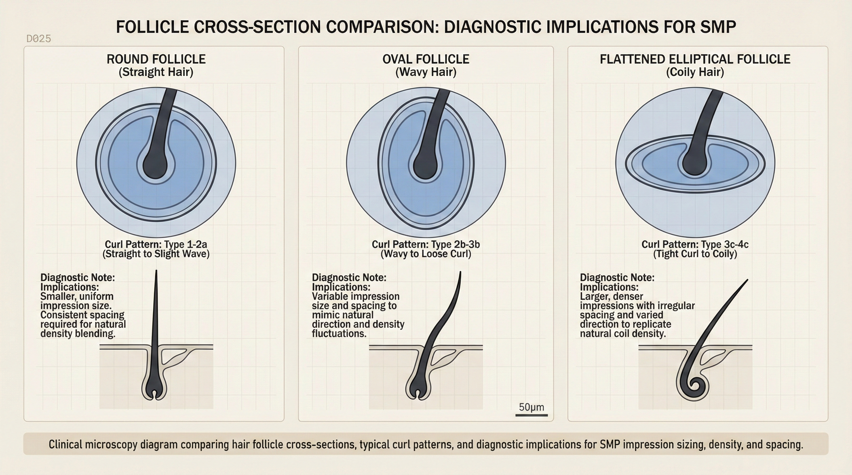 Follicle cross-section comparison — round (Type 1), oval (Type 2–3), ribbon/elliptical (Type 4A–4C)